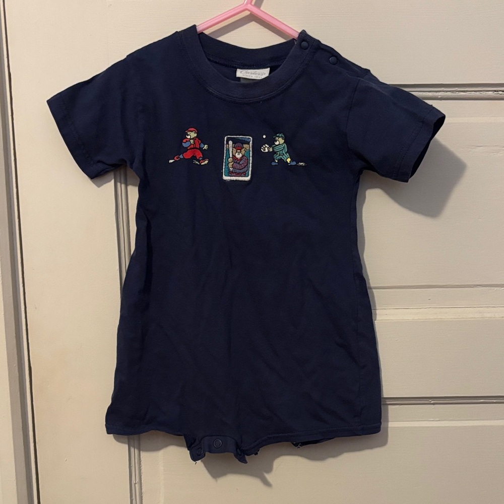 Vtg Navy Blue Romper with Fun embroidery